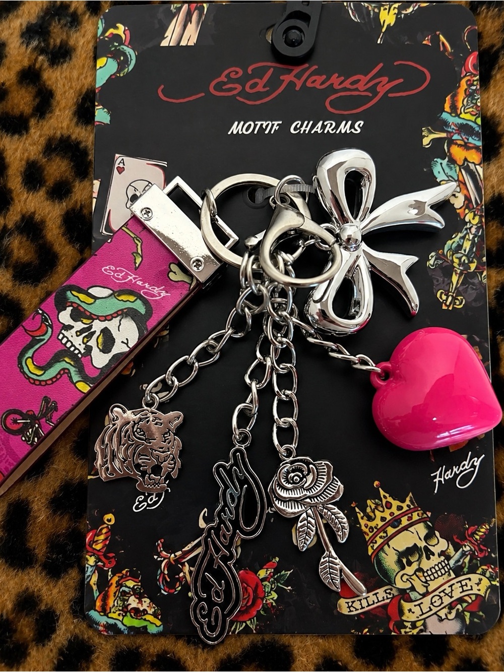 Ed Hardy Pink Heart & Silver Bow Charm Keychain with Logo and Motifs